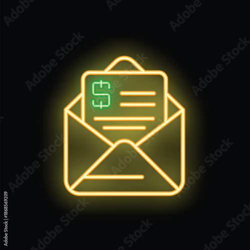 Neon envelope icon glowing on dark background representing receiving an invoice