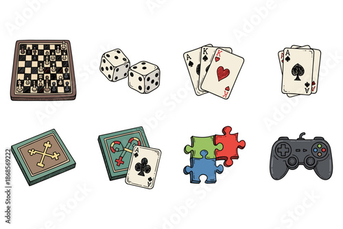 Classic games collection: chess, cards, puzzles, dice, and controller graphics