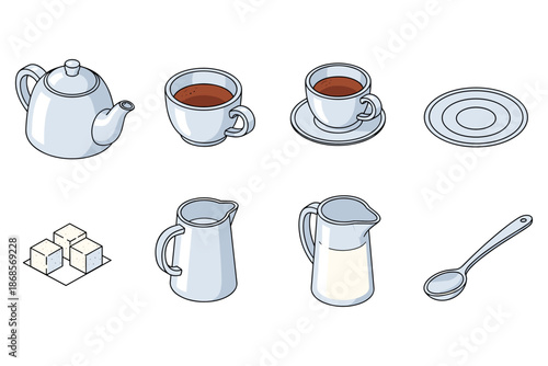 Isometric tea time set with teapot, cups, and utensils