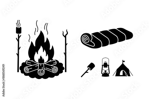 Camping essentials silhouette: campfire, tent, lantern, roasting marshmallows