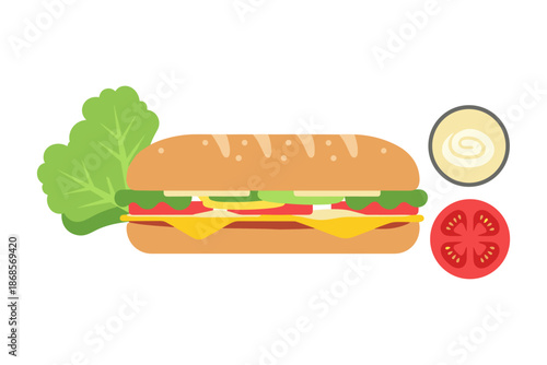 Fresh sandwich with lettuce, tomato, and cheese on white background