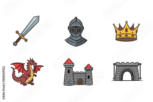 Medieval icons set featuring sword, armor, crown, dragon, castle, and gate on white