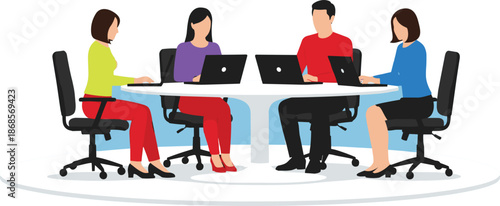 Business Team Meeting at Round Table with Professionals Using Laptops for Collaboration, Planning, and Corporate Discussion Flat Vector Illustration