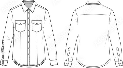 Technical fashion sketch, long sleeve shirt, front and back view, button-up design, garment construction, apparel template, fashion illustration, CAD