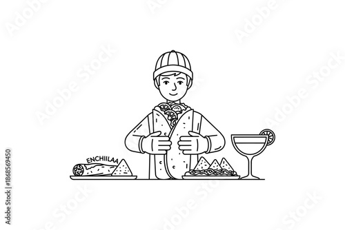 Young chef serving mexican cuisine with nachos, enchilada, and margarita in linear style