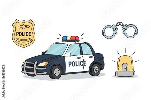 Police car and equipment set featuring handcuffs, badge, and siren in flat style