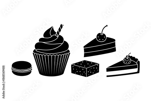 Silhouette dessert collection: cupcake, macaron, cakes, and cheesecake with cherry