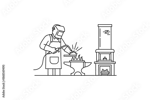 Blacksmith crafting in workshop: linear minimalist design with anvil and forge