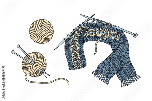 Cozy knitting scene with wool yarn and needles in flat design