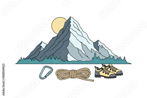 Outdoor adventure gear with mountain view: hiking essentials and nature background