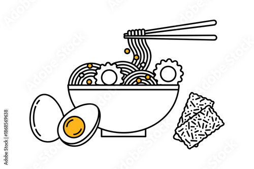 Minimalist ramen bowl design with chopsticks and ingredients