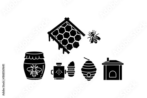 Beekeeping icons: honeycomb, hive, bee, and equipment silhouettes