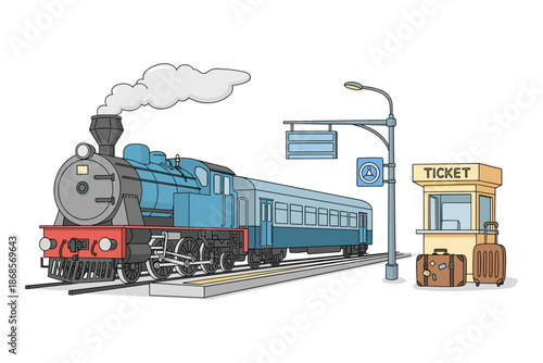 Vintage steam train at station with ticket booth and luggage in retro style