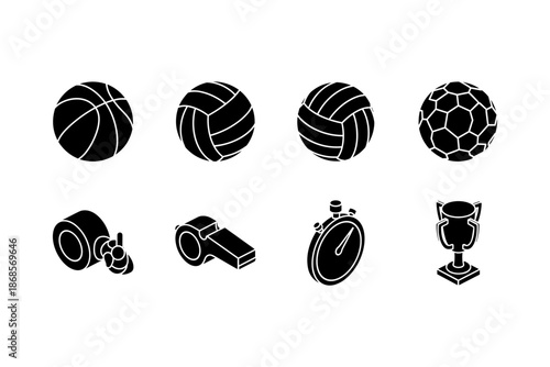 Set of silhouette sports icons with ball, whistle, stopwatch, and trophy designs