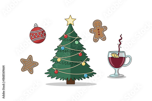 Festive holiday elements: christmas tree, gingerbread cookies and mulled wine