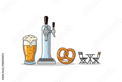 Beer tap with foam mug, pretzel, and outdoor dining set on white background