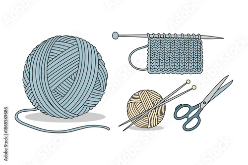 Knitting essentials: yarn, needles, scissors, and knitted swatch in flat design