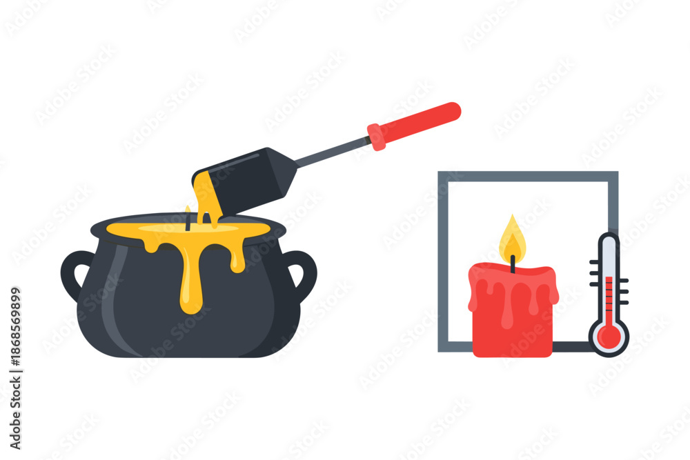 Fototapeta premium Flat design candle making set with pot, wax, and thermometer elements