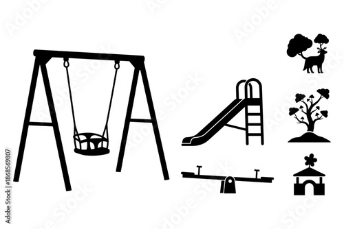Playground equipment in silhouette style: swing, slide, seesaw, and nature elements