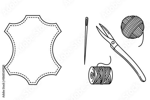 Line art sewing tools and leather patch with needle and thread