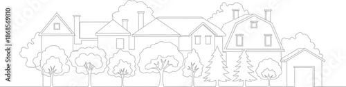 Beautiful neighborhood with houses and trees in simple line art style