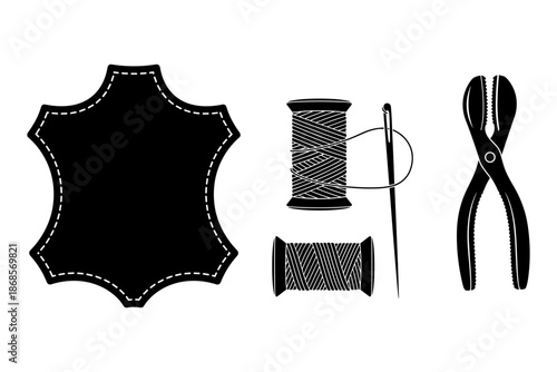 Leathercraft tools black silhouette set: sewing thread, needle, pliers, leather piece