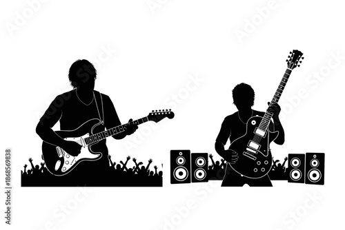 Silhouette rock concert: guitarists performing on stage with crowd and speakers