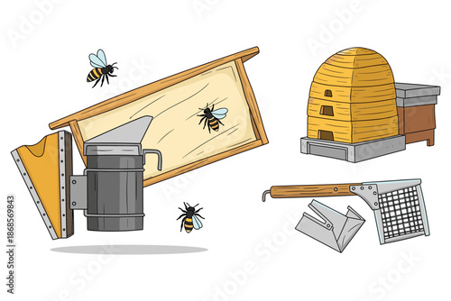 Beehive equipment and bees in detailed illustration with beekeeper tools