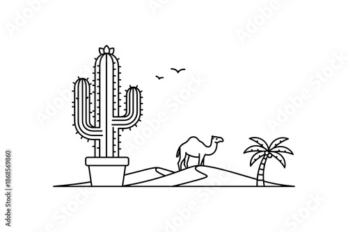 Desert oasis scene with cactus, camel, and palms in minimalist linear art