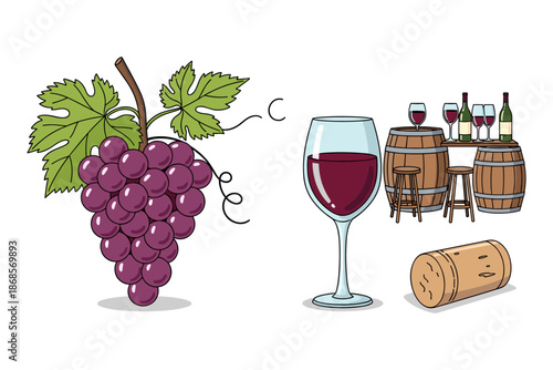 Wine tasting essentials with grapes and barrels in colorful design