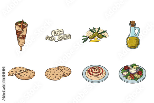 Mediterranean cuisine icons: greek dishes, ingredients, and flavors