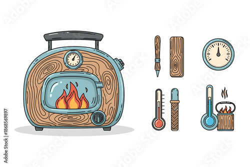 Retro wood-fired oven with cooking tools in hand-drawn style