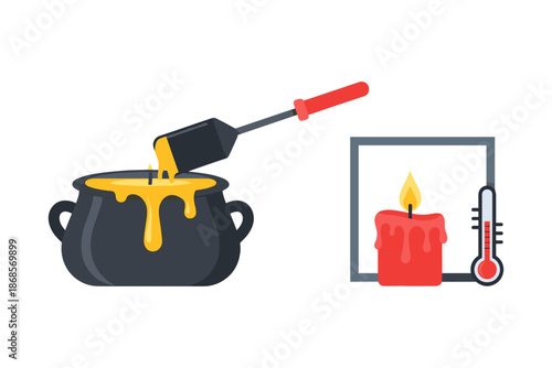 Flat design candle making set with pot, wax, and thermometer elements