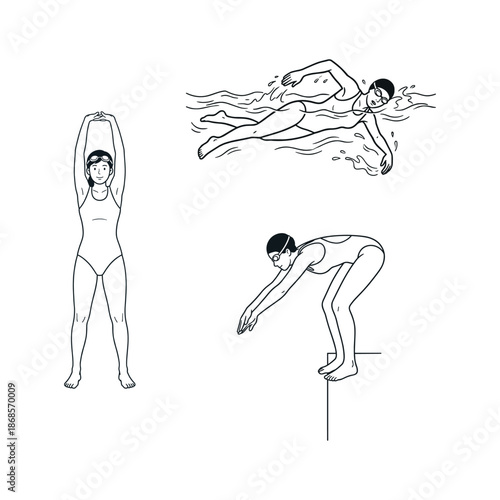 Female swimmer training poses set including dive start freestyle swimming and standing stretch line art vector illustration isolated on white