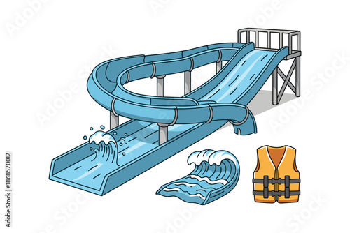 Fun water park slide with waves and life vest in colorful cartoon style