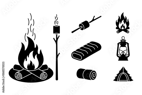 Camping essentials silhouette: campfire, lantern, tent, and marshmallows
