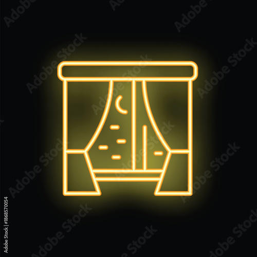 Yellow neon sign depicting a window with curtains and the moon shining through at night