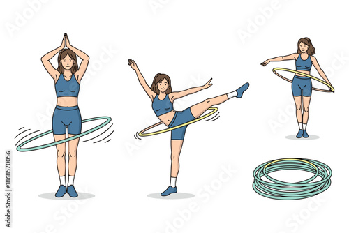 Woman exercising with hula hoops: fitness activities and wellness routine in modern style