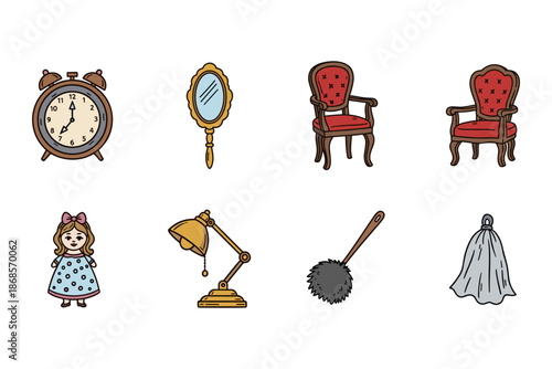 Vintage interiors: antique chairs, classic alarm clock, and retro decor collection