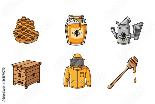Beekeeping equipment and honey elements cartoon set with honeycomb and tools