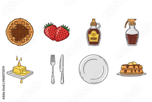 Breakfast essentials: waffles, syrup, strawberries, and more in a hand-drawn style
