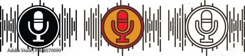 Microphone and headphones icon set.Audio voice recognition, recording voice message sign, speech podcast mic symbol.