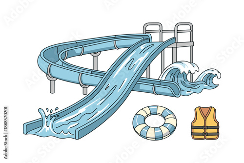 Exciting water park fun: blue water slide with waves, tube, and life vest