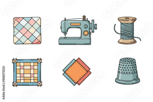 Sewing essentials set: vintage machine, quilting patterns, and tools collection