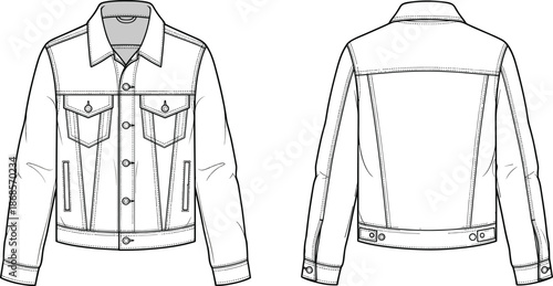 Technical flat sketch of a denim jacket mockup, classic trucker jacket with buttons and pockets, fashion vector illustration template, apparel.