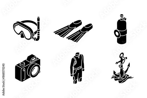 Underwater adventure icons: scuba gear and marine equipment in bold black silhouette