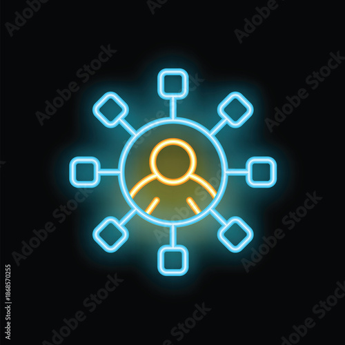 Abstract neon icon of a person at the center of a network, spreading information or managing connections