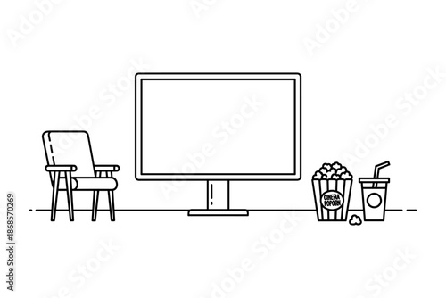 Minimalist home theater with large screen, comfortable chair, popcorn, and drink