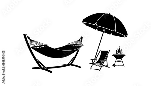 Summer essentials: hammock, umbrella, chair, and bbq grill silhouette