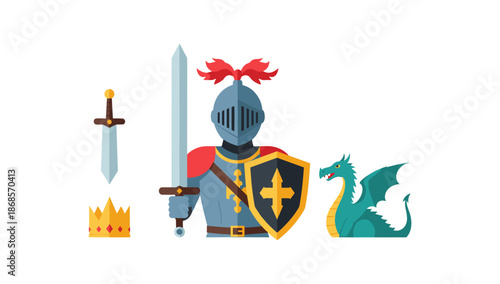 Medieval knight armor with sword, shield, and green dragon in flat design